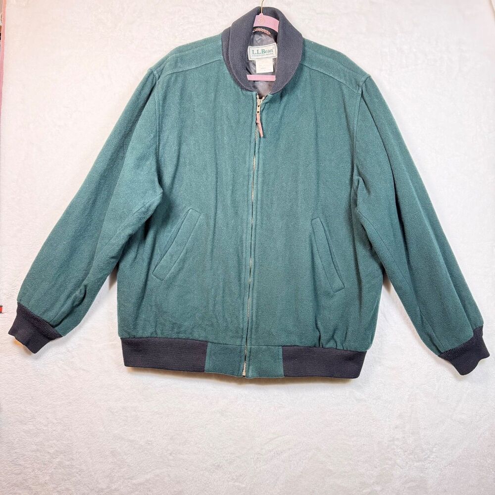 Vintage LL Bean Wool Bomber Jacket Mens L Green Made USA Full Zip 100% Wool
